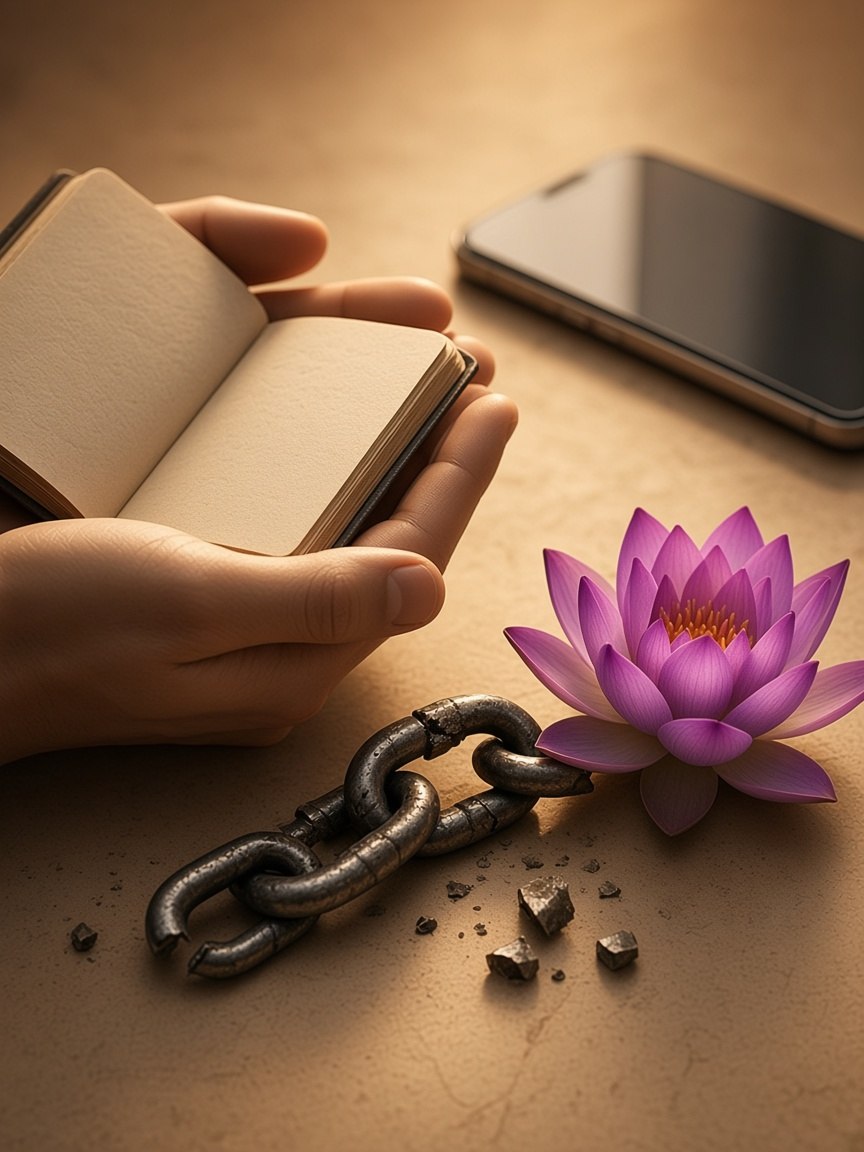Hands with a journal, a broken chain link, and a lotus bloom